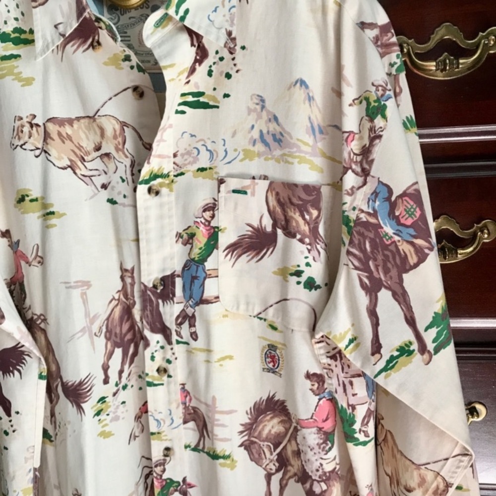 RARE VINTAGE Tommy Hilfiger Western Print Shirt - Cream, Brown, Red, Green - Picture 3 of 15
